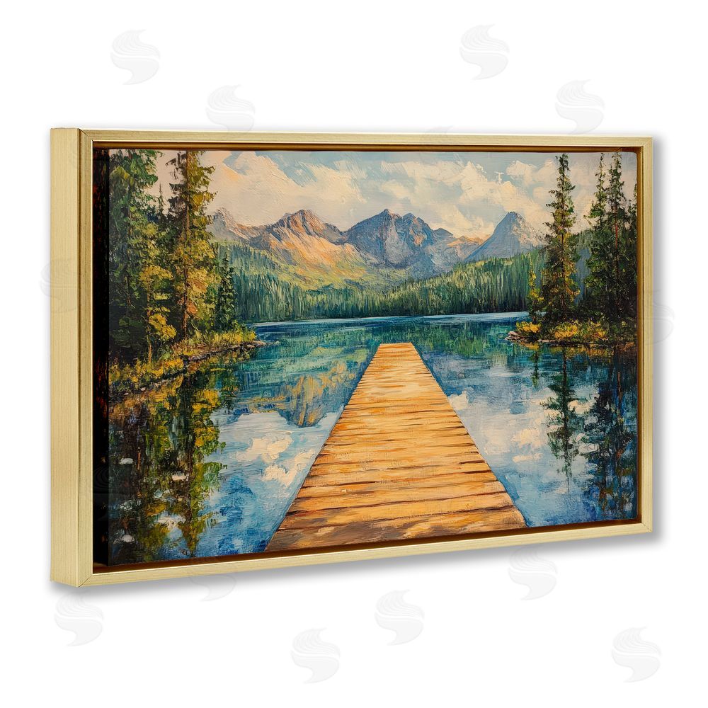 Petal Prints Design Dock in The Mountains Gold Floating Frame Canvas Wall Art Print