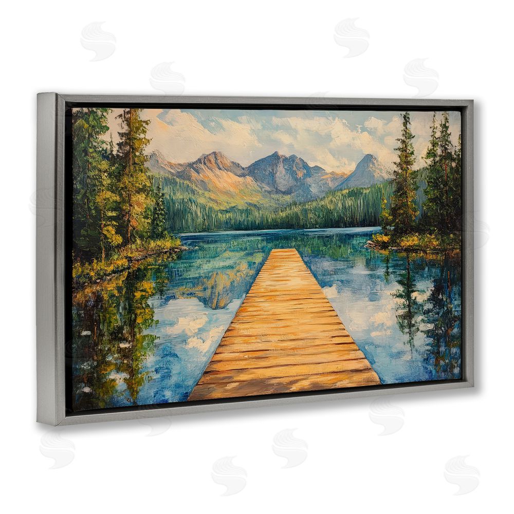 Petal Prints Design Dock in The Mountains Gray Floating Frame Canvas Wall Art Print