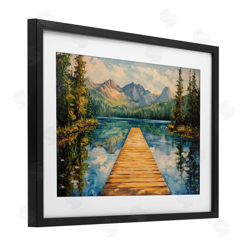 Petal Prints Design Dock in The Mountains Black Framed Print Under Glass Wall Art