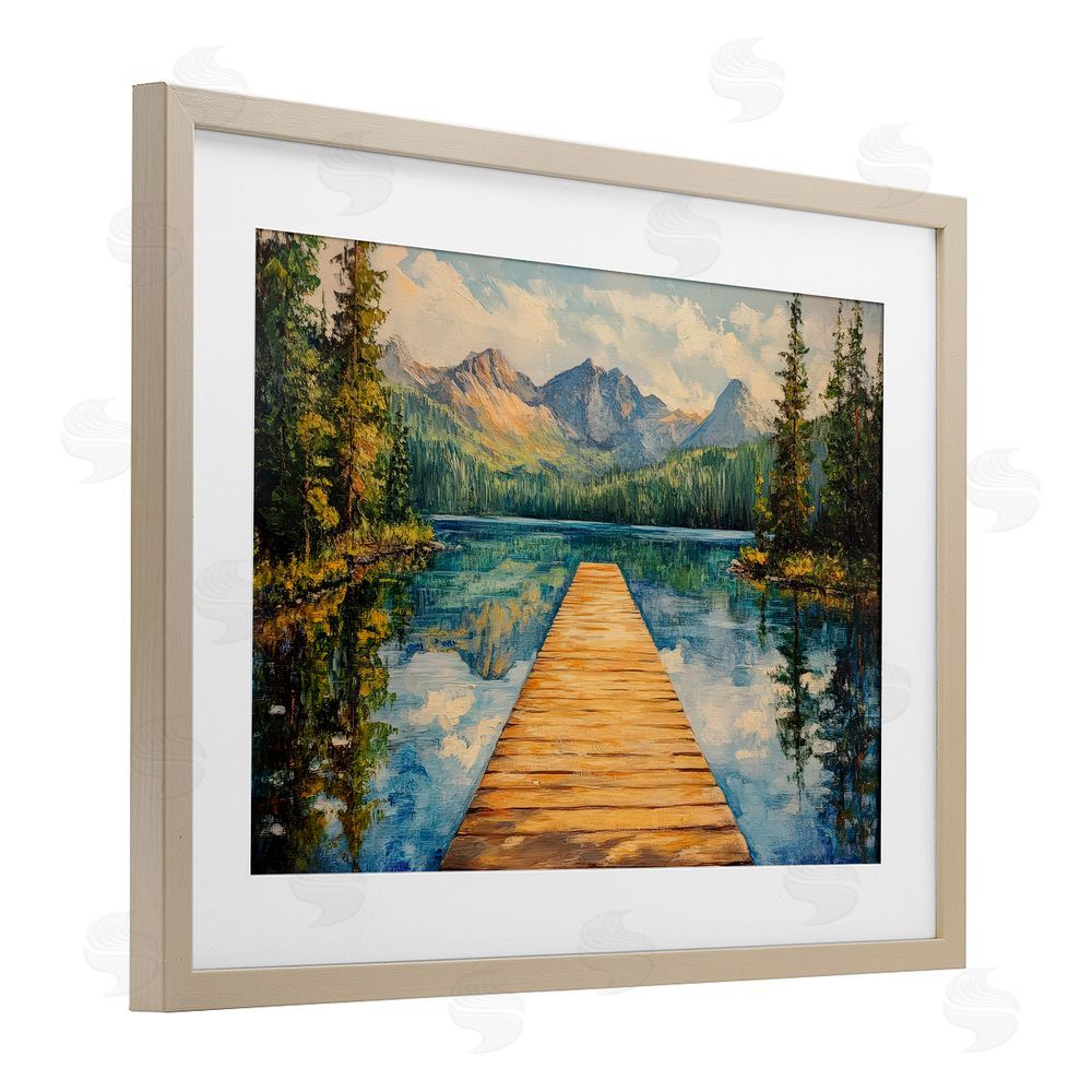 Petal Prints Design Dock in The Mountains Brown Framed Print Under Glass Wall Art