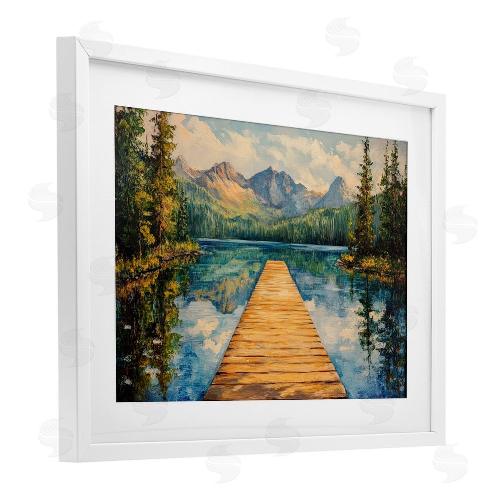 Petal Prints Design Dock in The Mountains White Framed Print Under Glass Wall Art