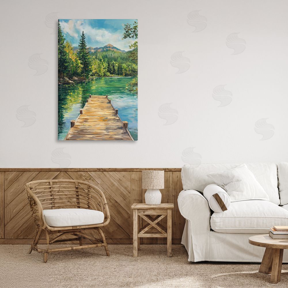 Petal Prints Design Sunlit River Dock Stretched Canvas on Wall