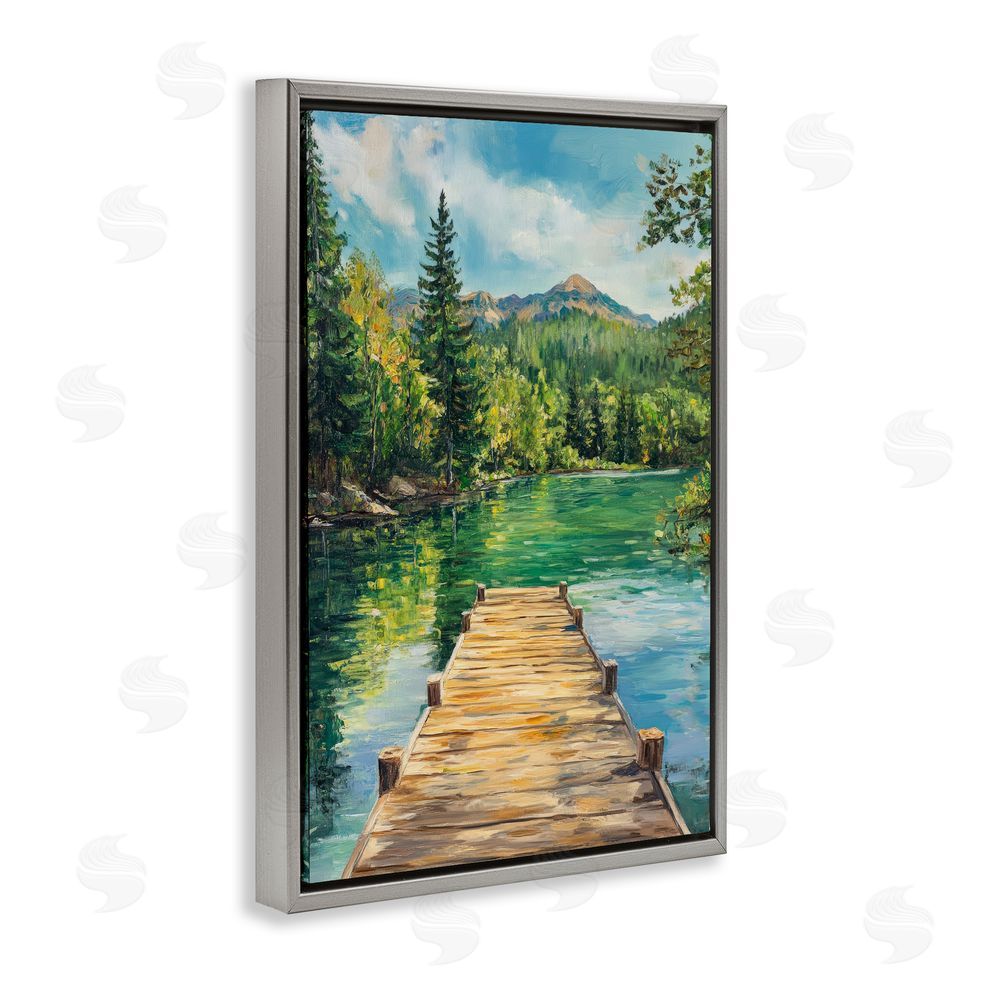 Petal Prints Design Sunlit River Dock Gray Floating Framed Canvas Wall Art Print