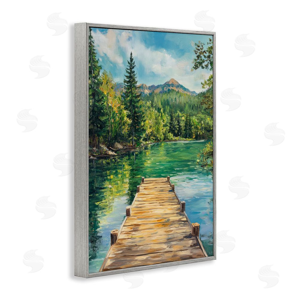 Petal Prints Design Sunlit River Dock Gray Framed Giclee Wall Art Print
