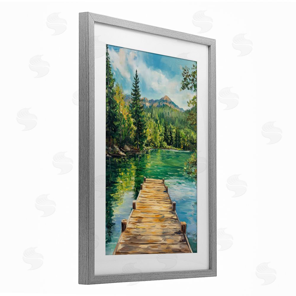 Petal Prints Design Sunlit River Dock Gray Framed Print Under Glass with White Mat Wall Art