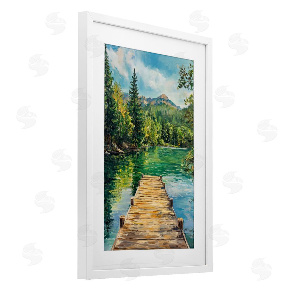 Petal Prints Design Sunlit River Dock White Framed Print Under Glass with White Mat Wall Art