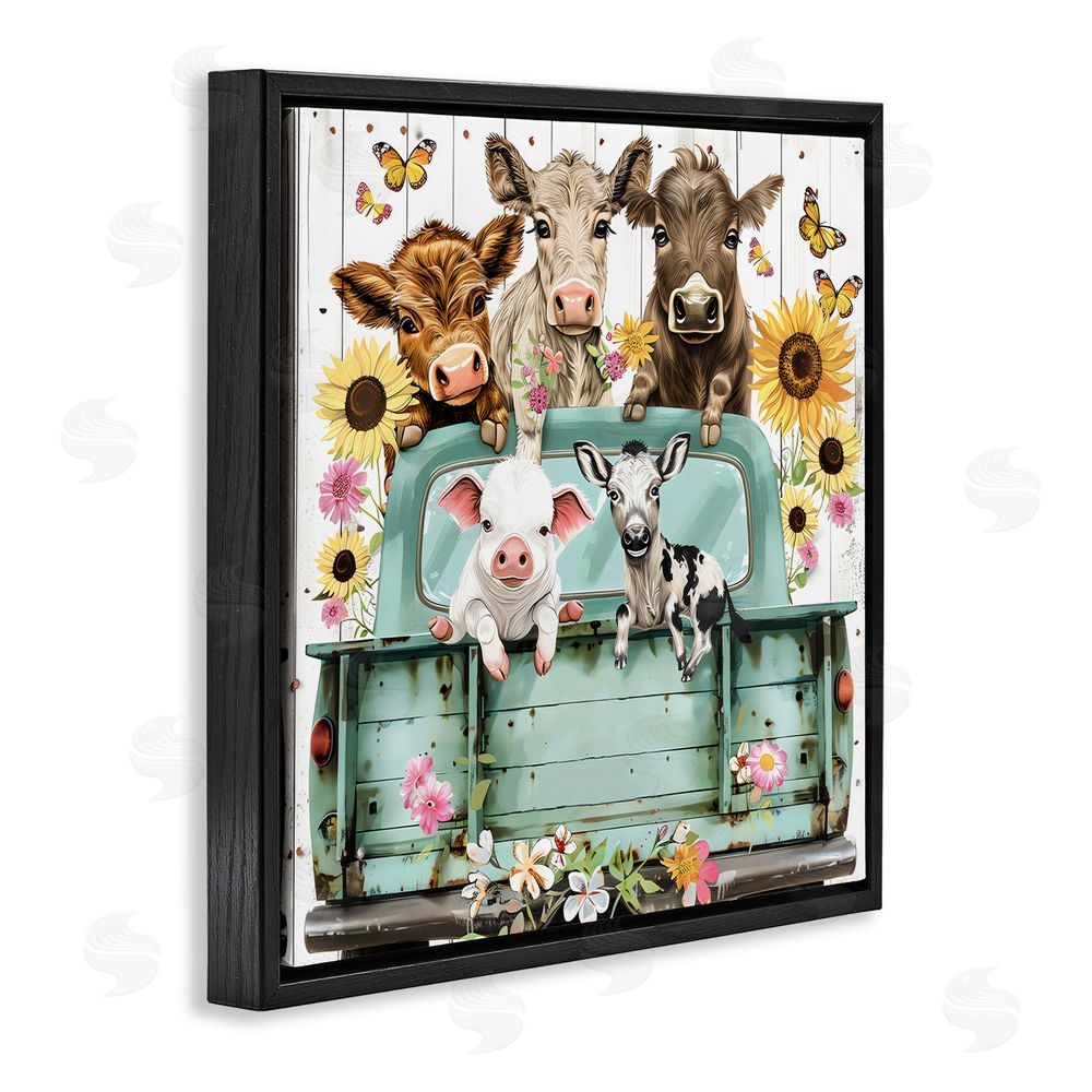 Creative Studio Barnyard Friends in Vintage Truck Black Floating Frame Stretched Canvas Wall Art Print
