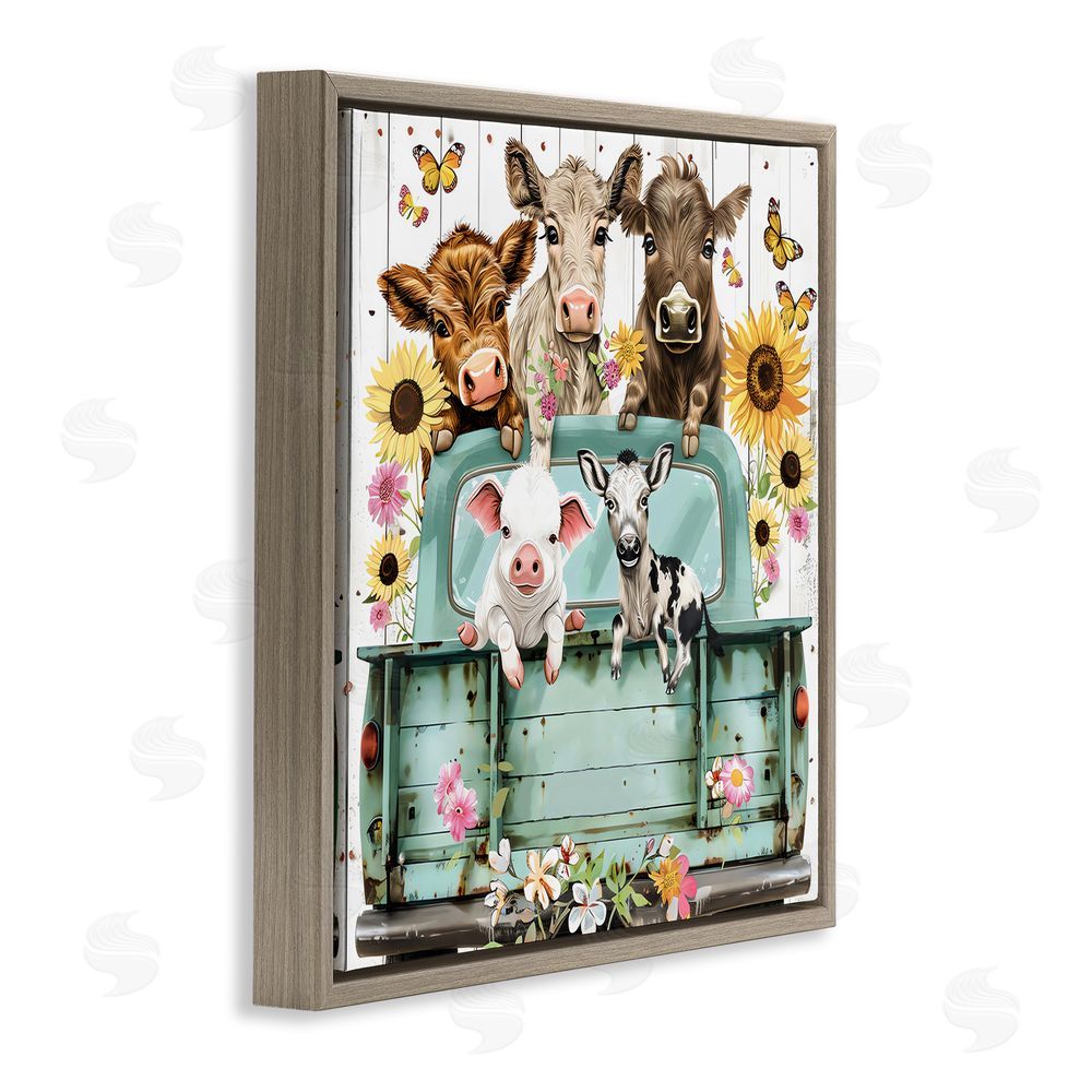 Creative Studio Barnyard Friends in Vintage Truck Brown Floating Frame Stretched Canvas Wall Art Print