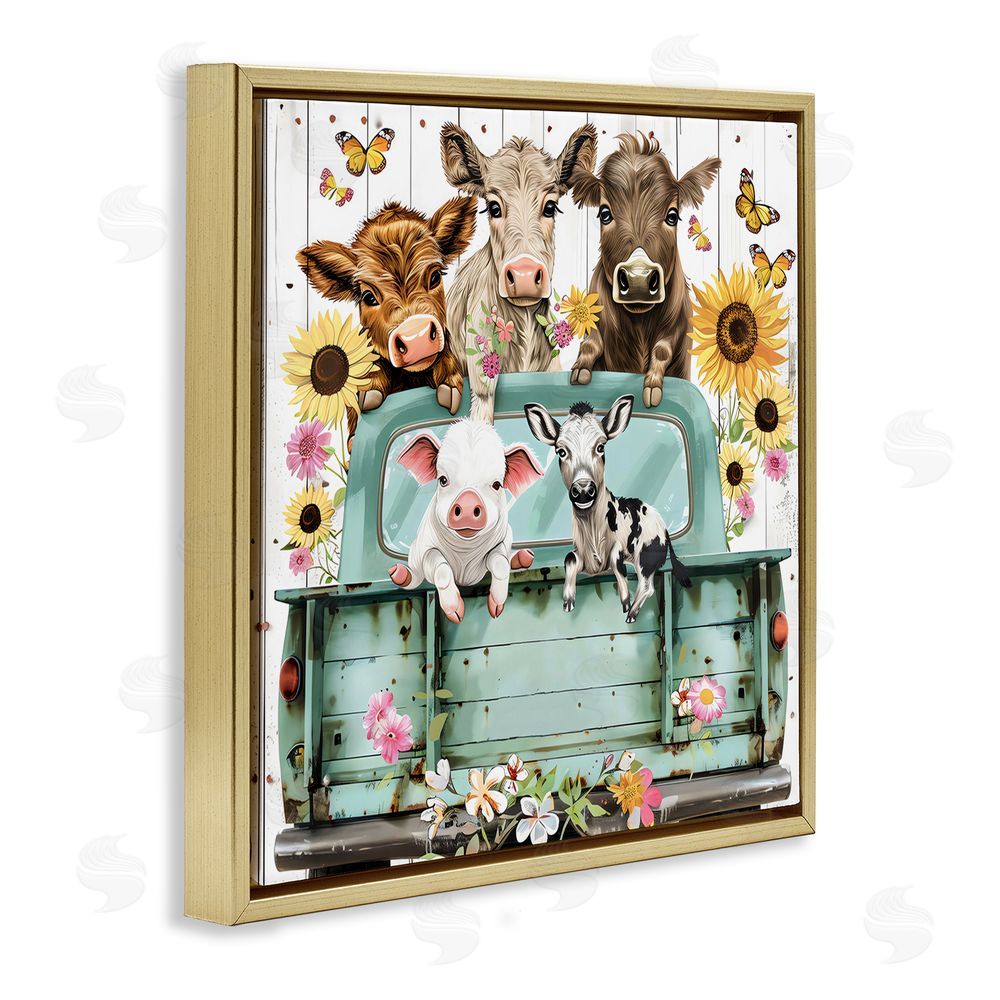 Creative Studio Barnyard Friends in Vintage Truck Gold Floating Frame Stretched Canvas Wall Art Print
