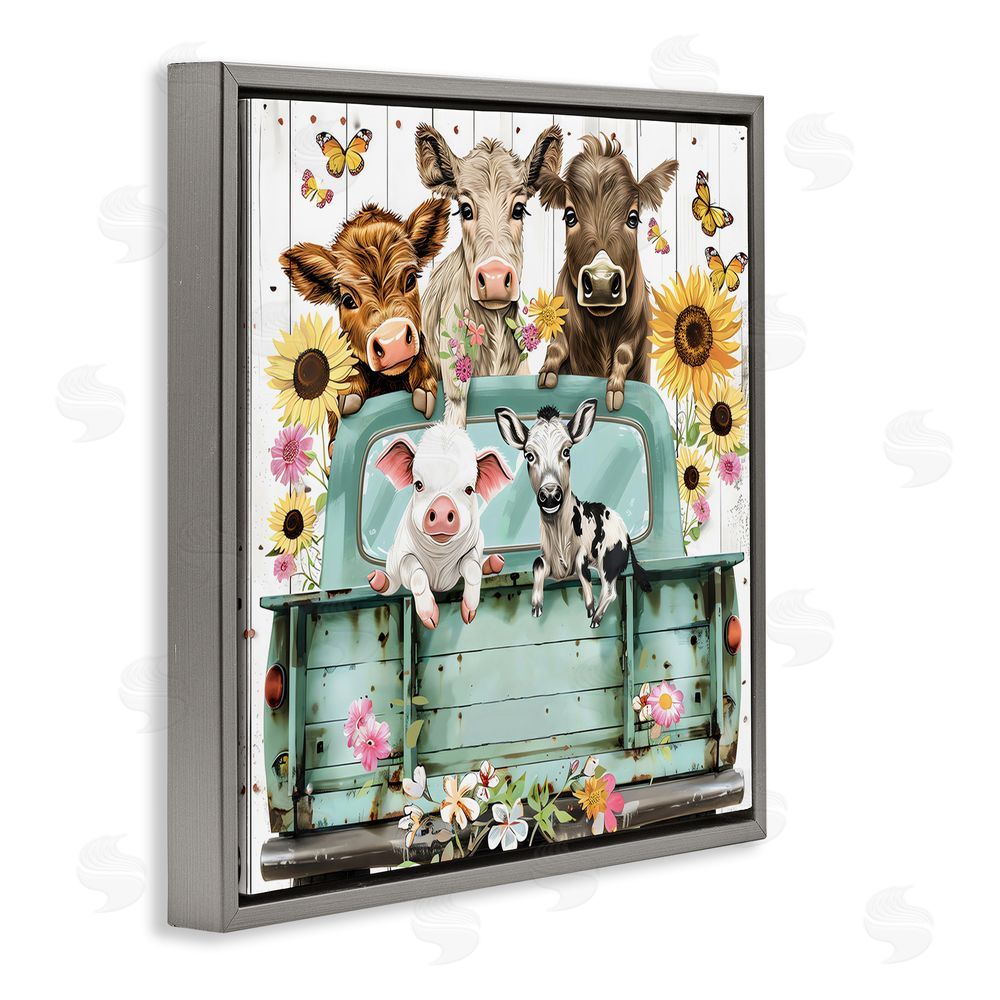 Creative Studio Barnyard Friends in Vintage Truck Gray Floating Frame Stretched Canvas Wall Art Print