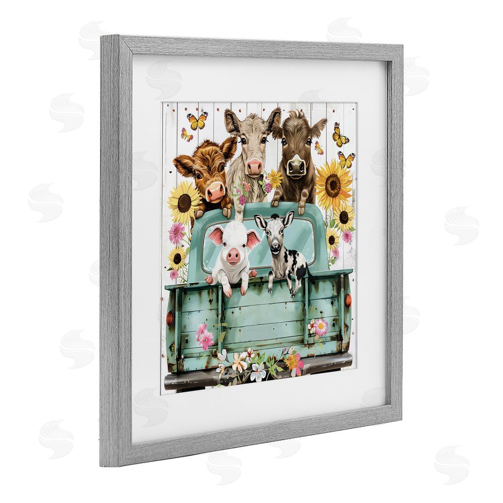 Creative Studio Barnyard Friends in Vintage Truck Gray Framed Print Under Glass with Matting Wall Art