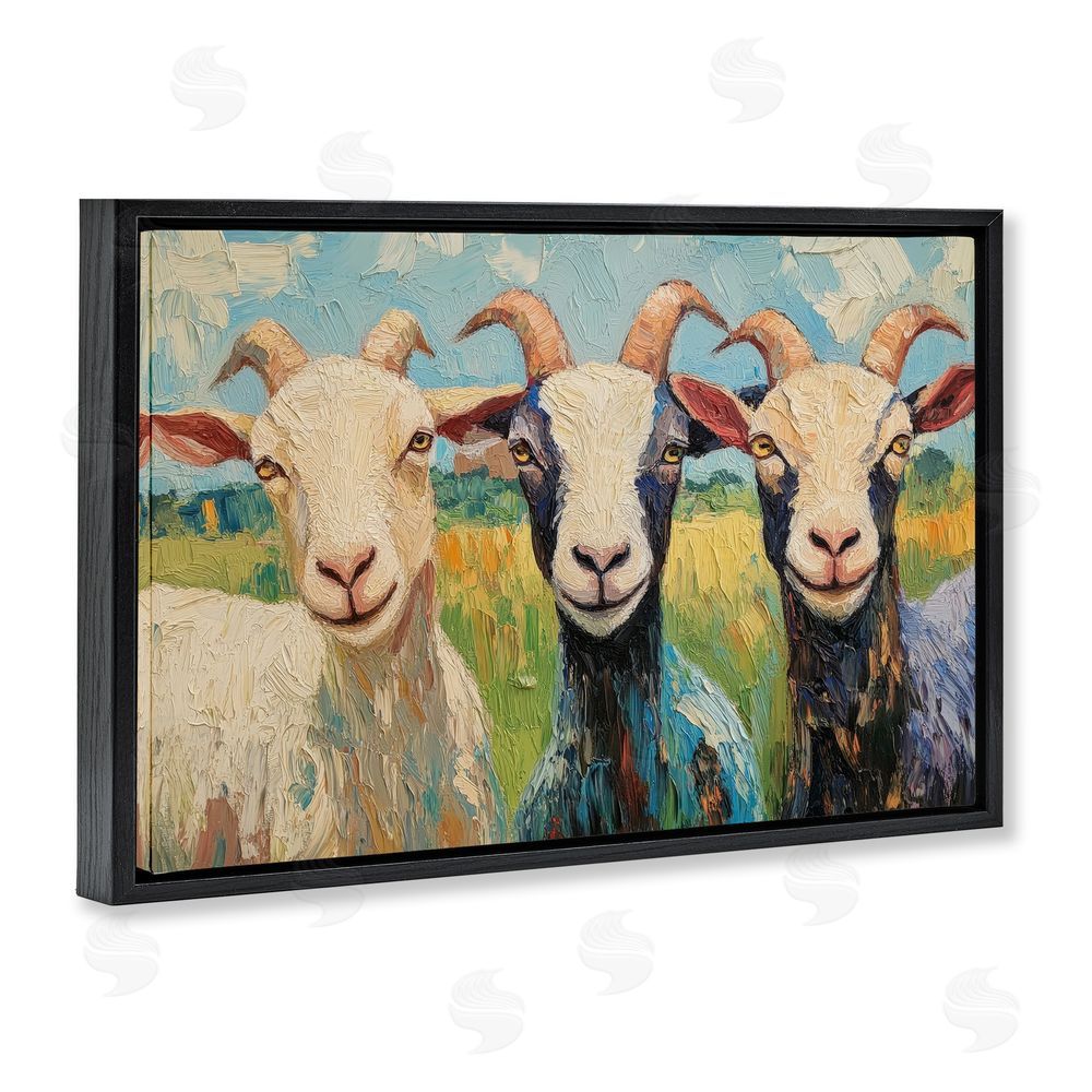 Petal Prints Design Billy Goats in Bright Pasture Black Floating Frame Stretched Canvas Wall Art Print
