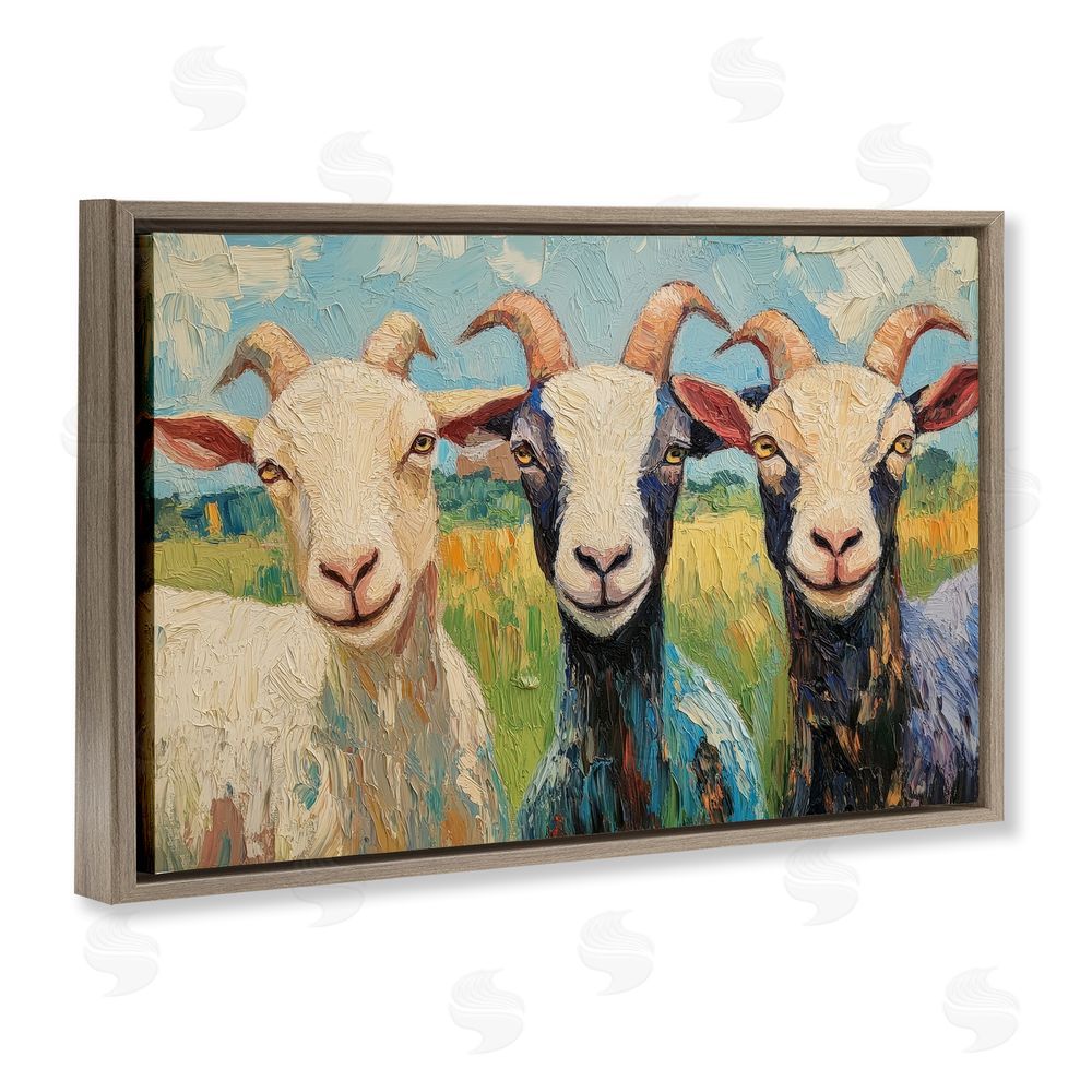 Petal Prints Design Billy Goats in Bright Pasture Brown Floating Frame Stretched Canvas Wall Art Print