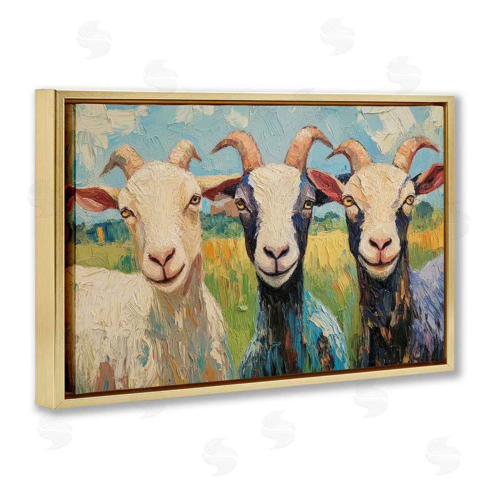 Petal Prints Design Billy Goats in Bright Pasture Gold Floating Frame Stretched Canvas Wall Art Print