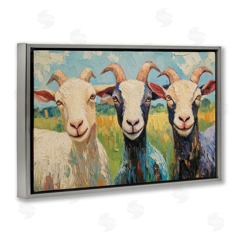 Petal Prints Design Billy Goats in Bright Pasture Gray Floating Frame Stretched Canvas Wall Art Print