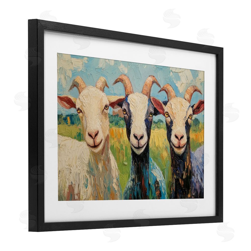 Petal Prints Design Billy Goats in Bright Pasture Black Framed Print Under Glass with Matting Wall Art