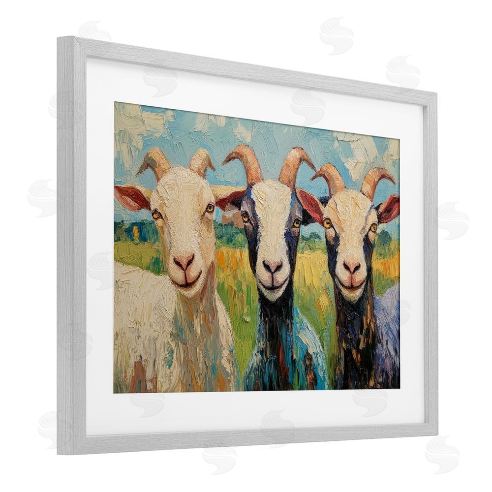 Petal Prints Design Billy Goats in Bright Pasture Gray Framed Print Under Glass with Matting Wall Art