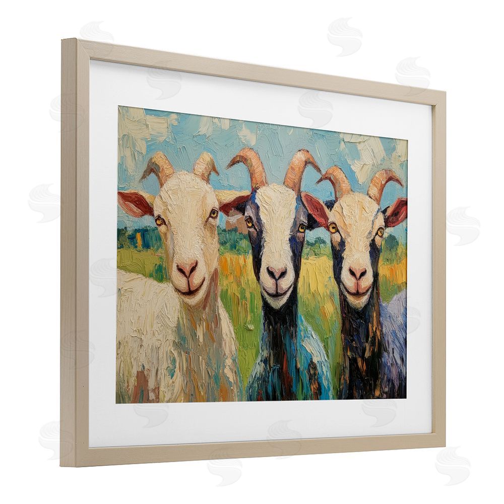 Petal Prints Design Billy Goats in Bright Pasture Brown Framed Print Under Glass with Matting Wall Art