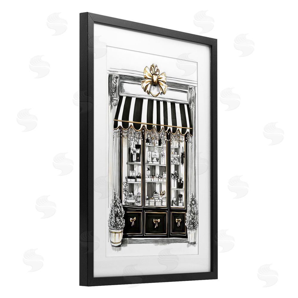 Petal Prints Design Striped Paris Shop Facade Black Framed Print Under Glass with White Mat Wall Art