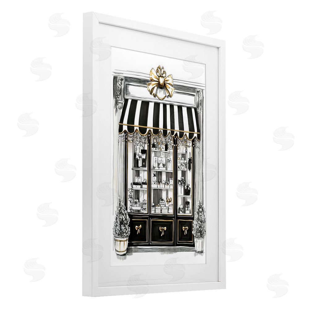 Petal Prints Design Striped Paris Shop Facade White Framed Print Under Glass with White Mat Wall Art