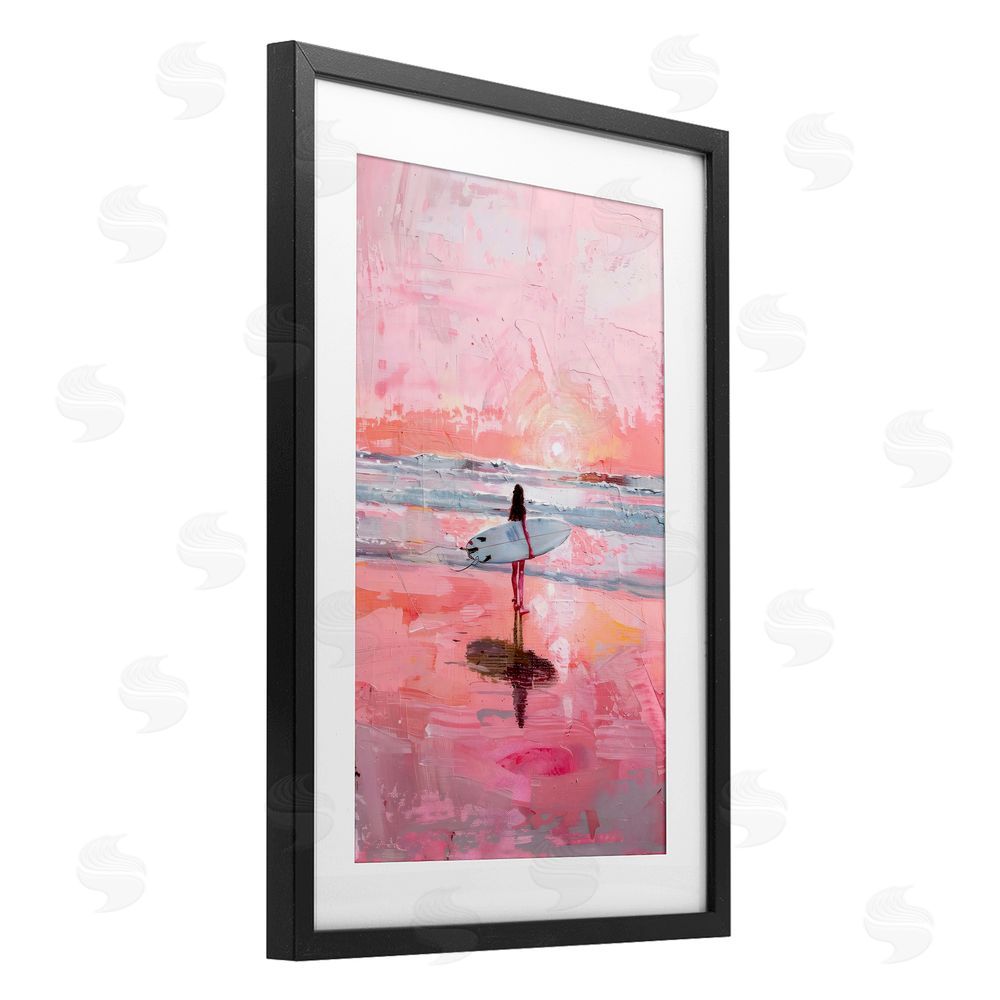 Creative Studio Surfer at Pink Sunset Black Framed Print Under Glass with White Mat Wall Art