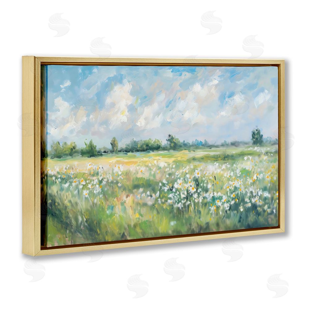 Creative Studio Daisy Field Landscape Impression Gold Floating Frame Canvas Wall Art Print