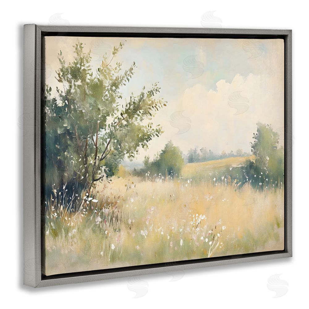 Creative Studio Summer Meadow in Soft Light Gray Floating Framed Canvas Wall Art Print