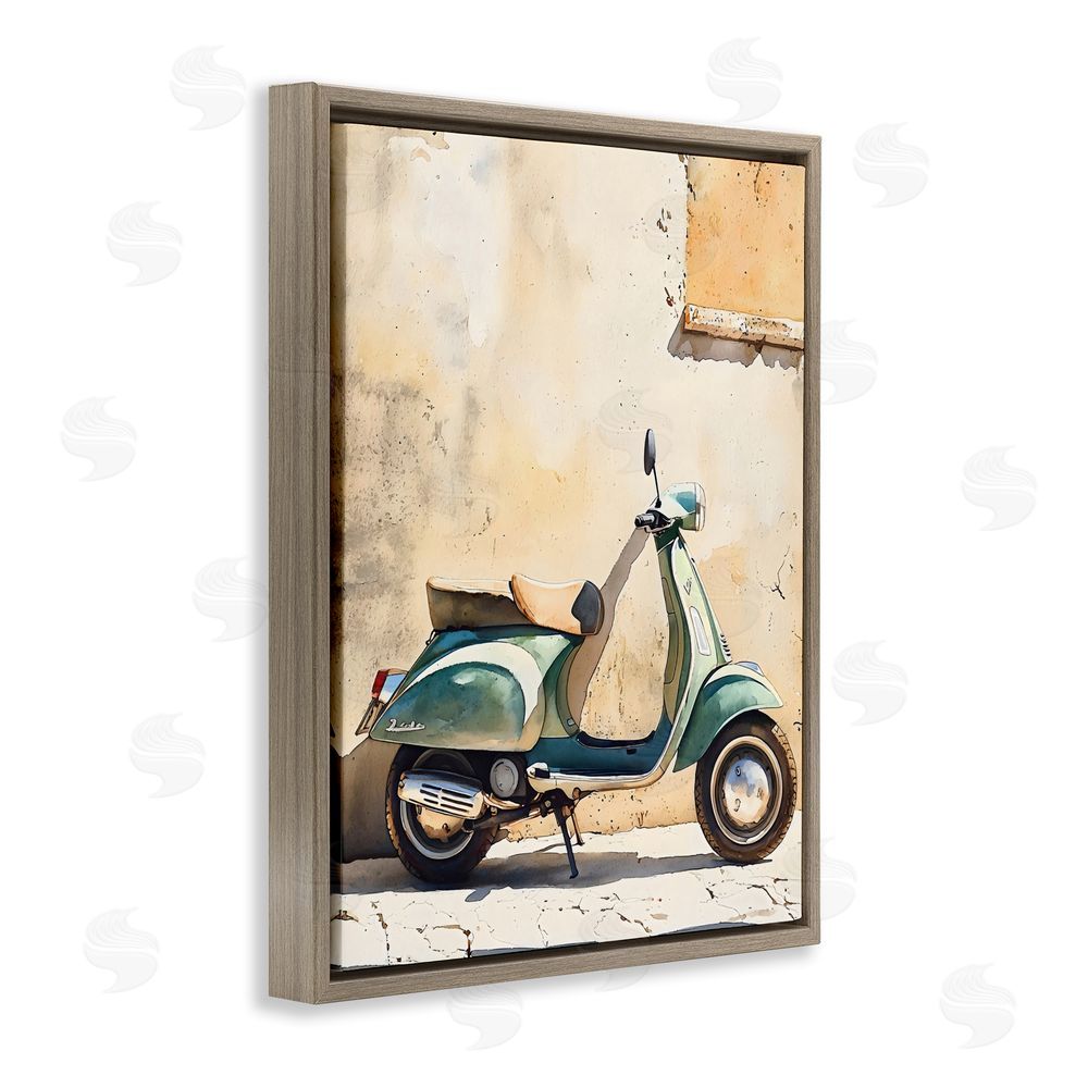 LSR Design Studio Vintage Scooter on Italian Street Brown Floating Framed Canvas Wall Art Print