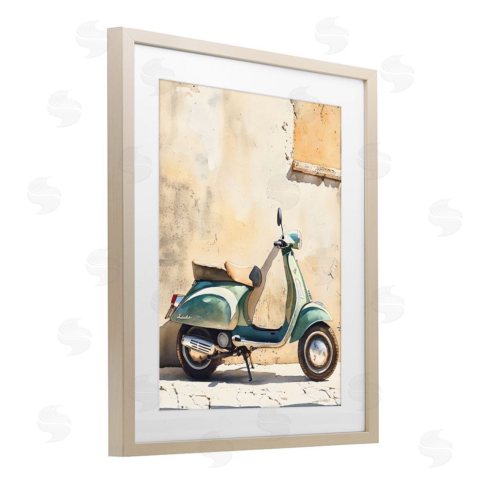 LSR Design Studio Vintage Scooter on Italian Street Brown Framed Print Under Glass with White Mat Wall Art