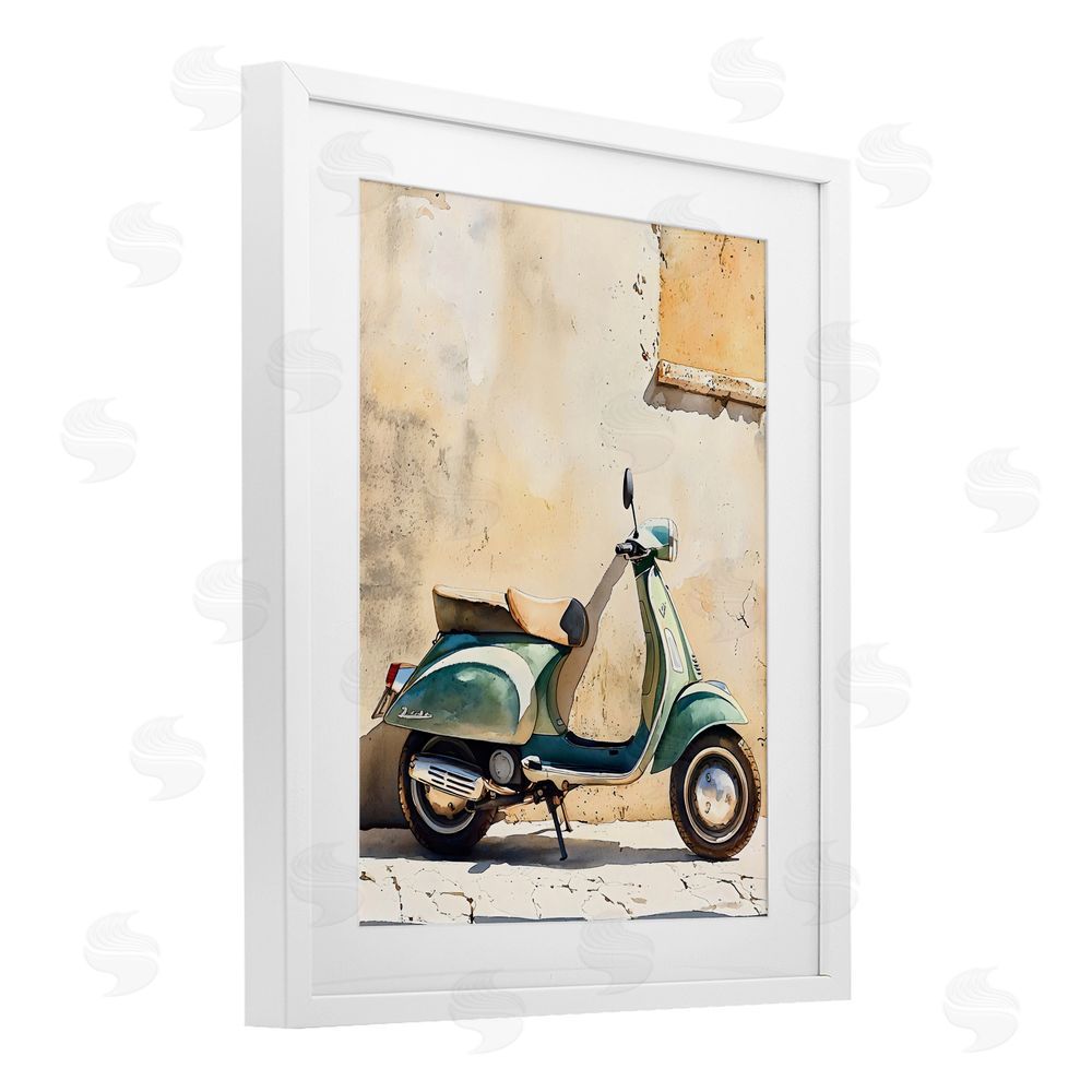LSR Design Studio Vintage Scooter on Italian Street White Framed Print Under Glass with White Mat Wall Art