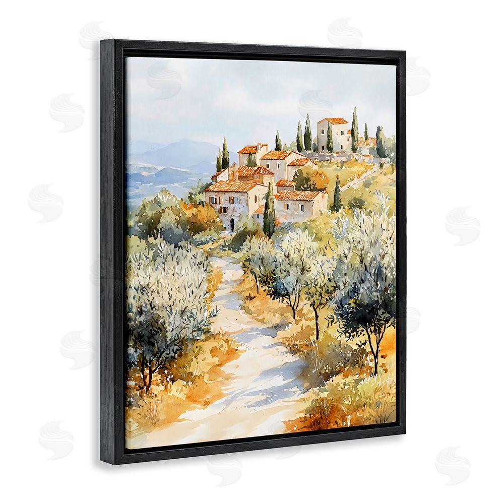 LSR Design Studio Tuscan Hilltop Village View Black Floating Framed Canvas Wall Art Print