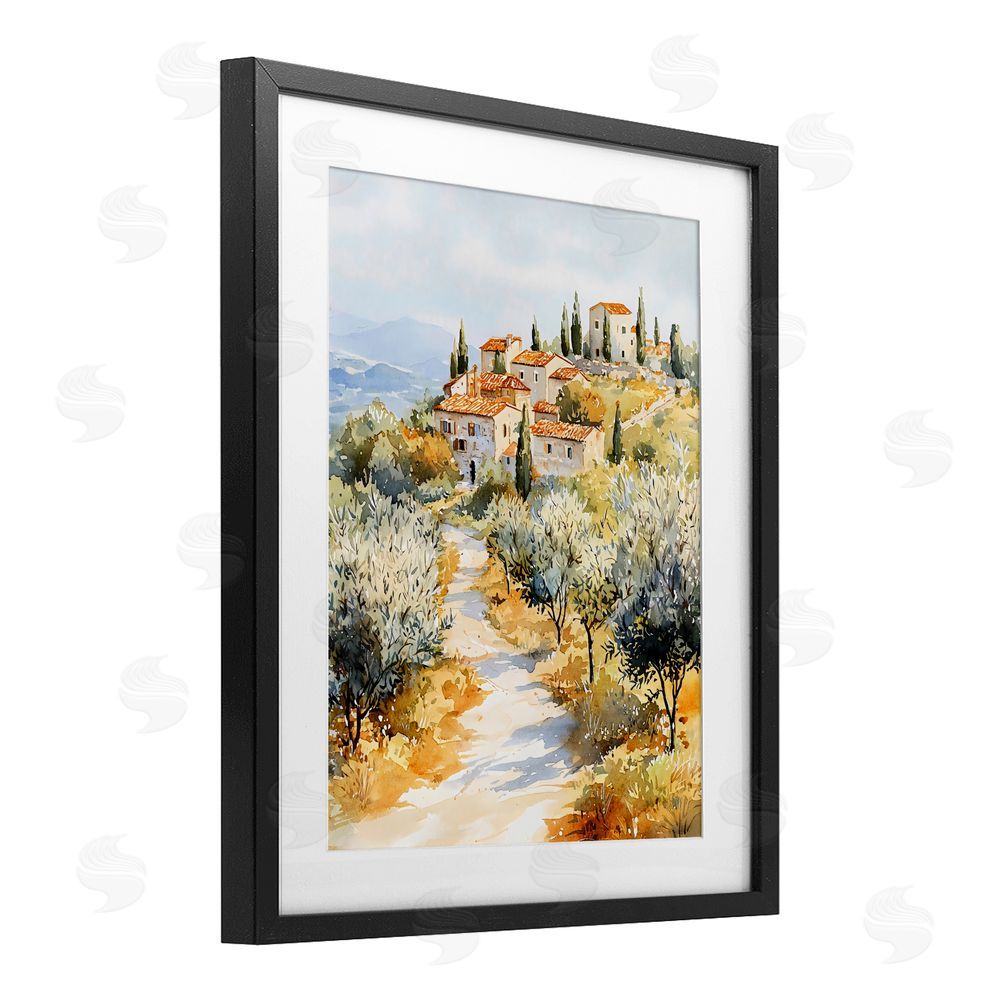 LSR Design Studio Tuscan Hilltop Village View Black Framed Print Under Glass with White Mat Wall Art