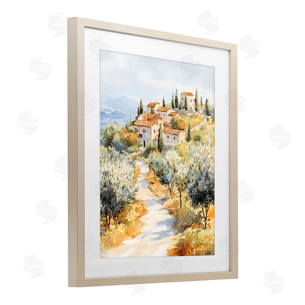 LSR Design Studio Tuscan Hilltop Village View Brown Framed Print Under Glass with White Mat Wall Art