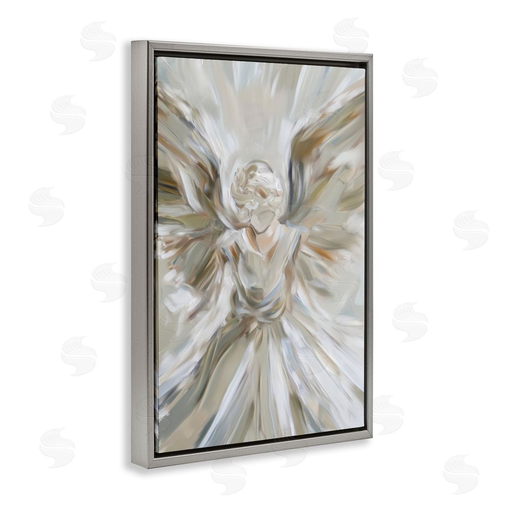Petal Prints Design Serene Angel with Flowing Wings Gray Floating Framed Canvas Wall Art Print