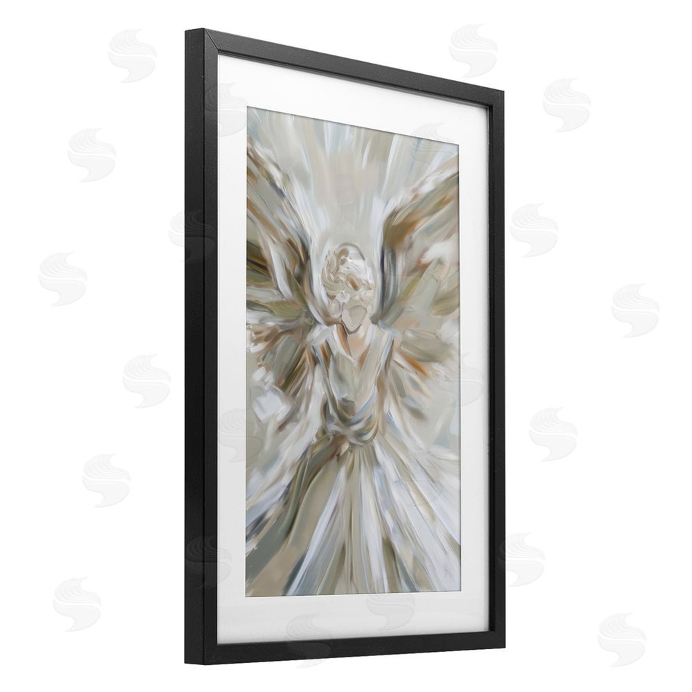 Petal Prints Design Serene Angel with Flowing Wings Black Framed Print Under Glass with White Mat Wall Art