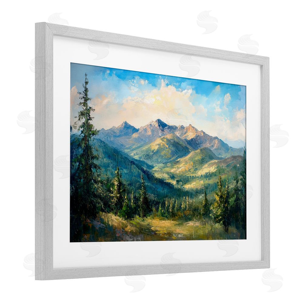 Petal Prints Design Valley In The Mountains Gray Framed Print Under Glass with White Mat Wall Art