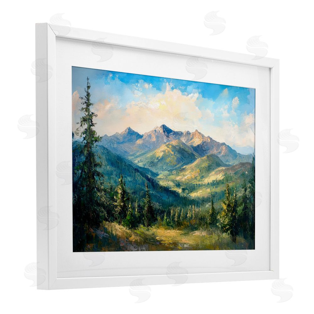 Petal Prints Design Valley In The Mountains White Framed Print Under Glass with White Mat Wall Art