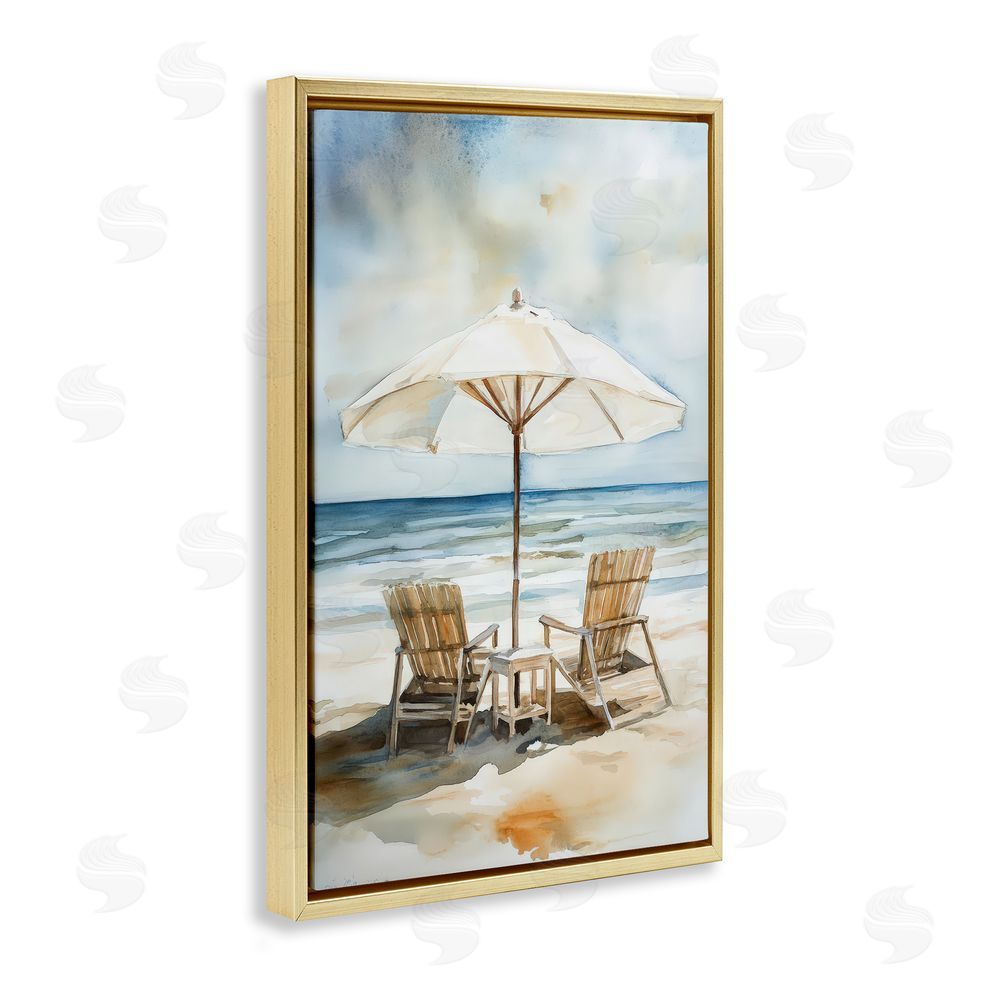 Petal Prints Design Watercolor Paradise Beach Scene Gold Floating Framed Canvas Wall Art Print