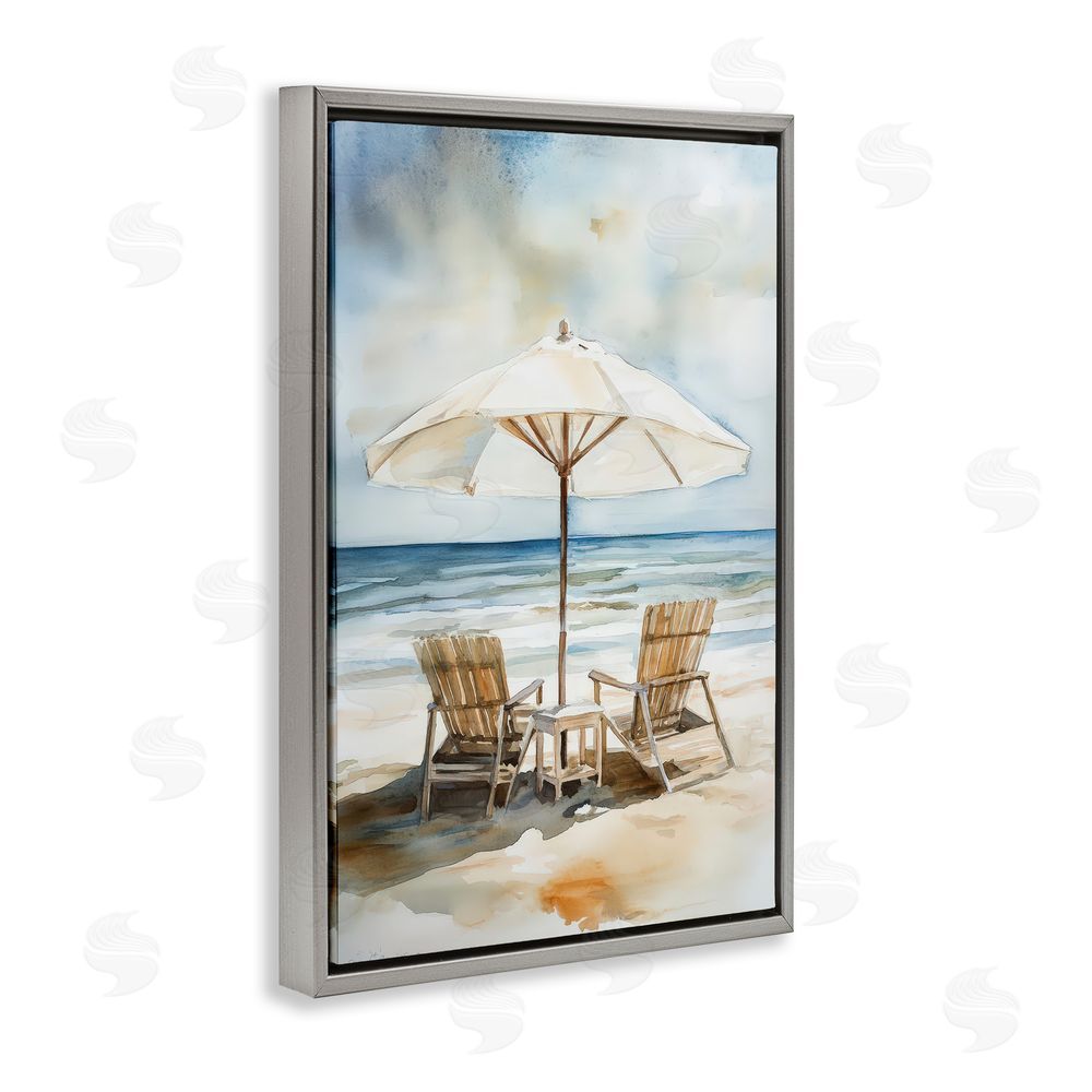 Petal Prints Design Watercolor Paradise Beach Scene Gray Floating Framed Canvas Wall Art Print