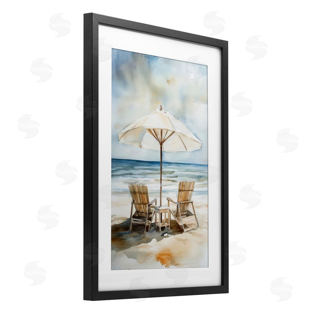 Petal Prints Design Watercolor Paradise Beach Scene Black Framed Print Under Glass with White Mat Wall Art
