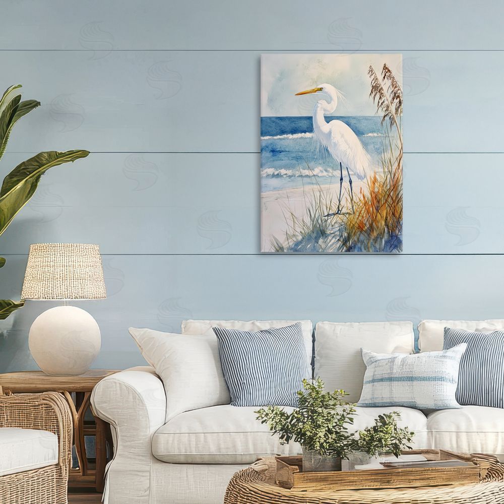 Petal Prints Design Egret By The Waves Stretched Canvas Wall Art in Room