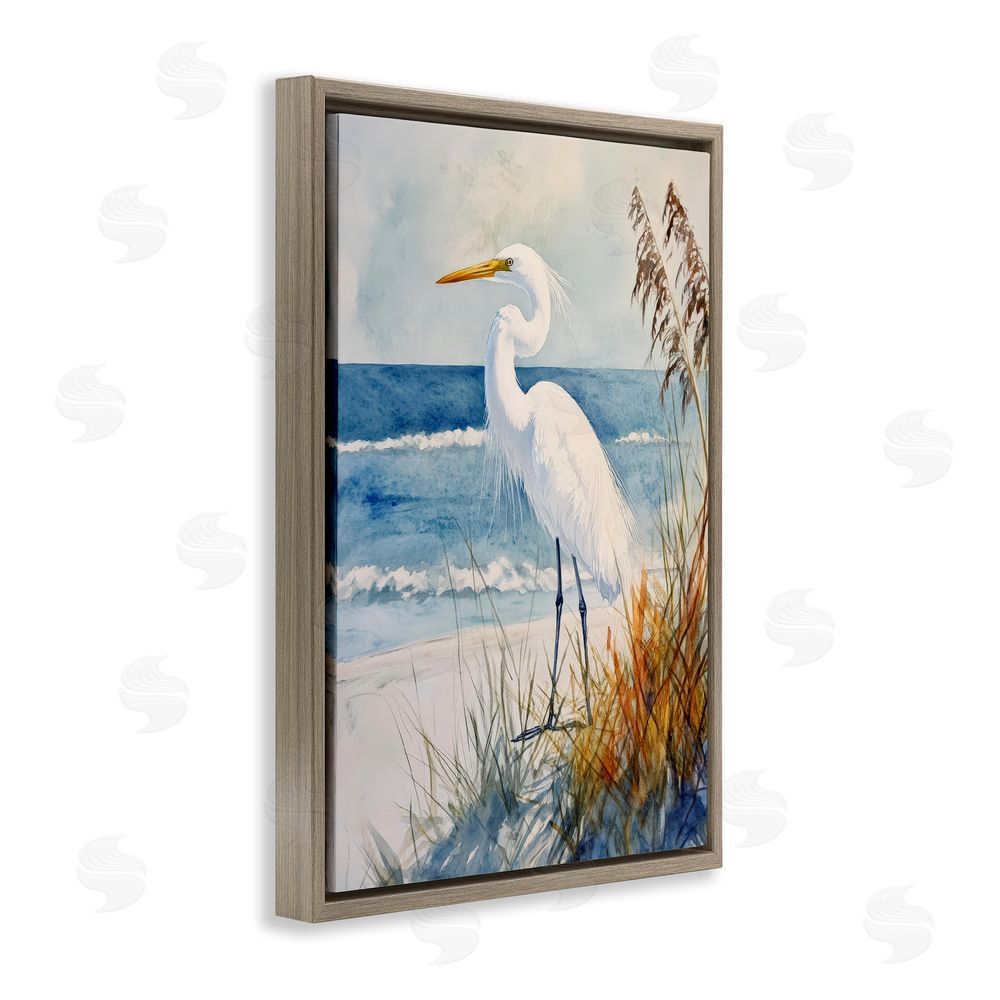 Petal Prints Design Egret By The Waves Brown Floating Frame Canvas Wall Art Print