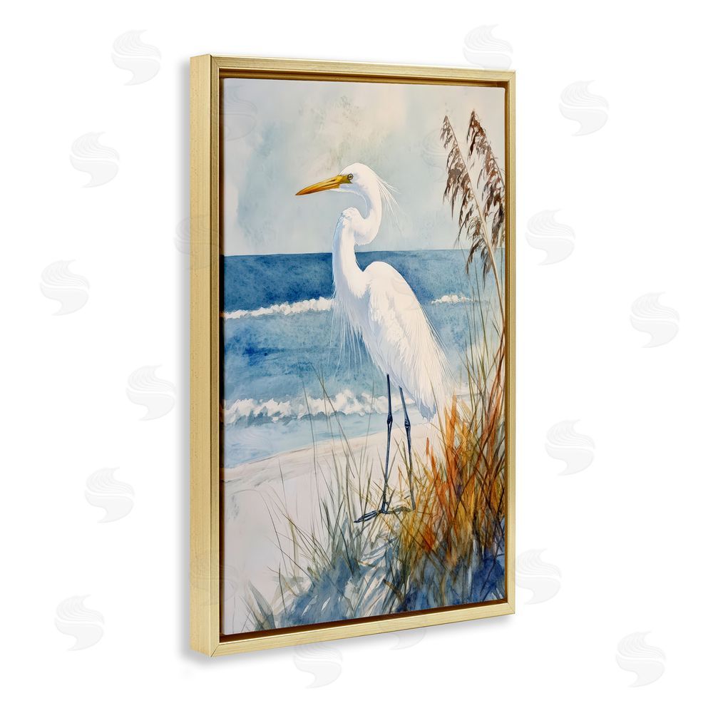 Petal Prints Design Egret By The Waves Gold Floating Frame Canvas Wall Art Print