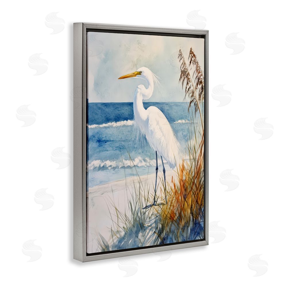 Petal Prints Design Egret By The Waves Gray Floating Frame Canvas Wall Art Print