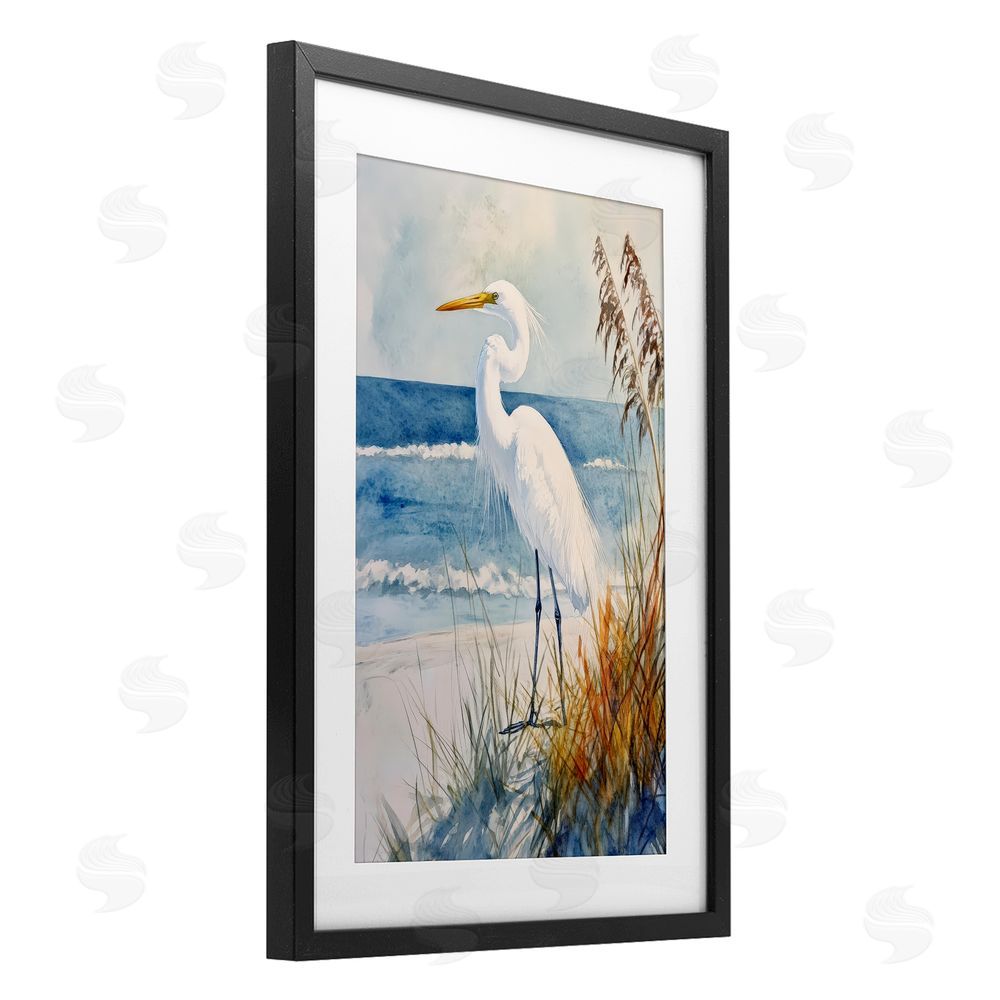 Petal Prints Design Egret By The Waves Black Framed Print Under Glass Wall Art
