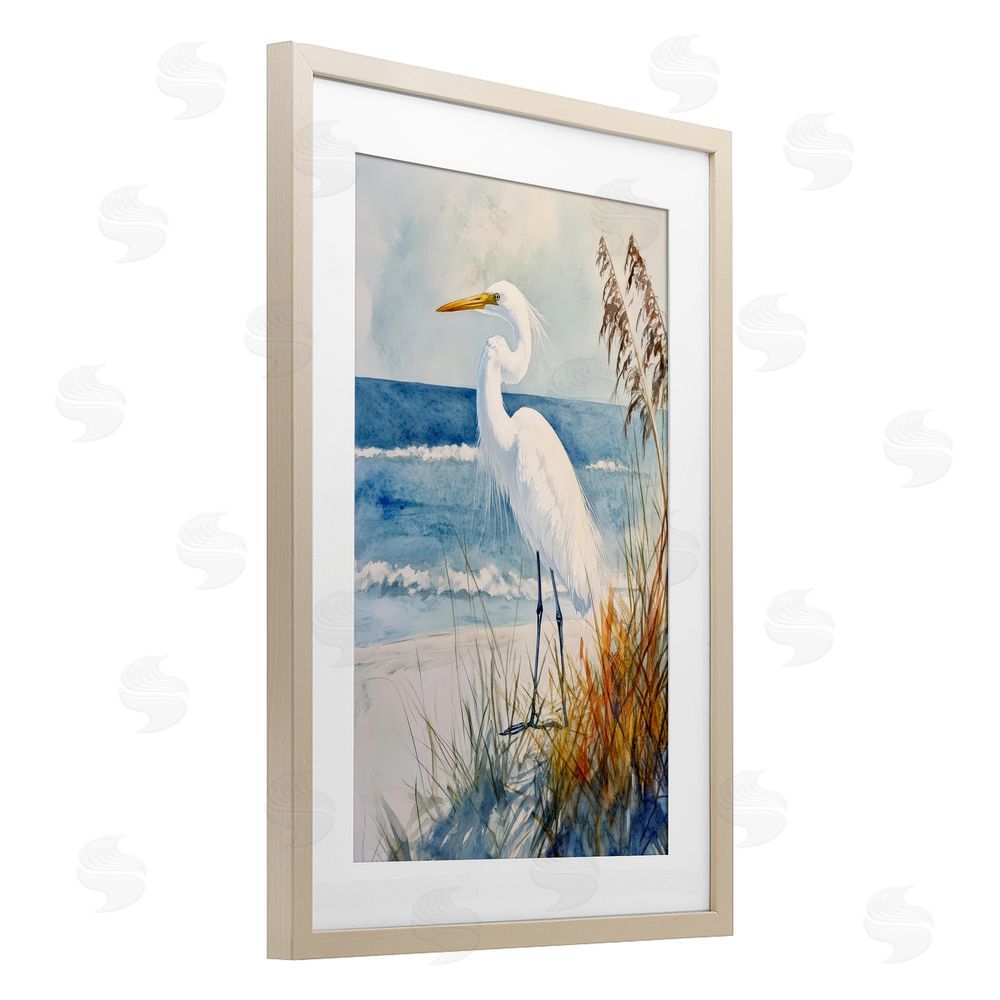 Petal Prints Design Egret By The Waves Brown Framed Print Under Glass Wall Art