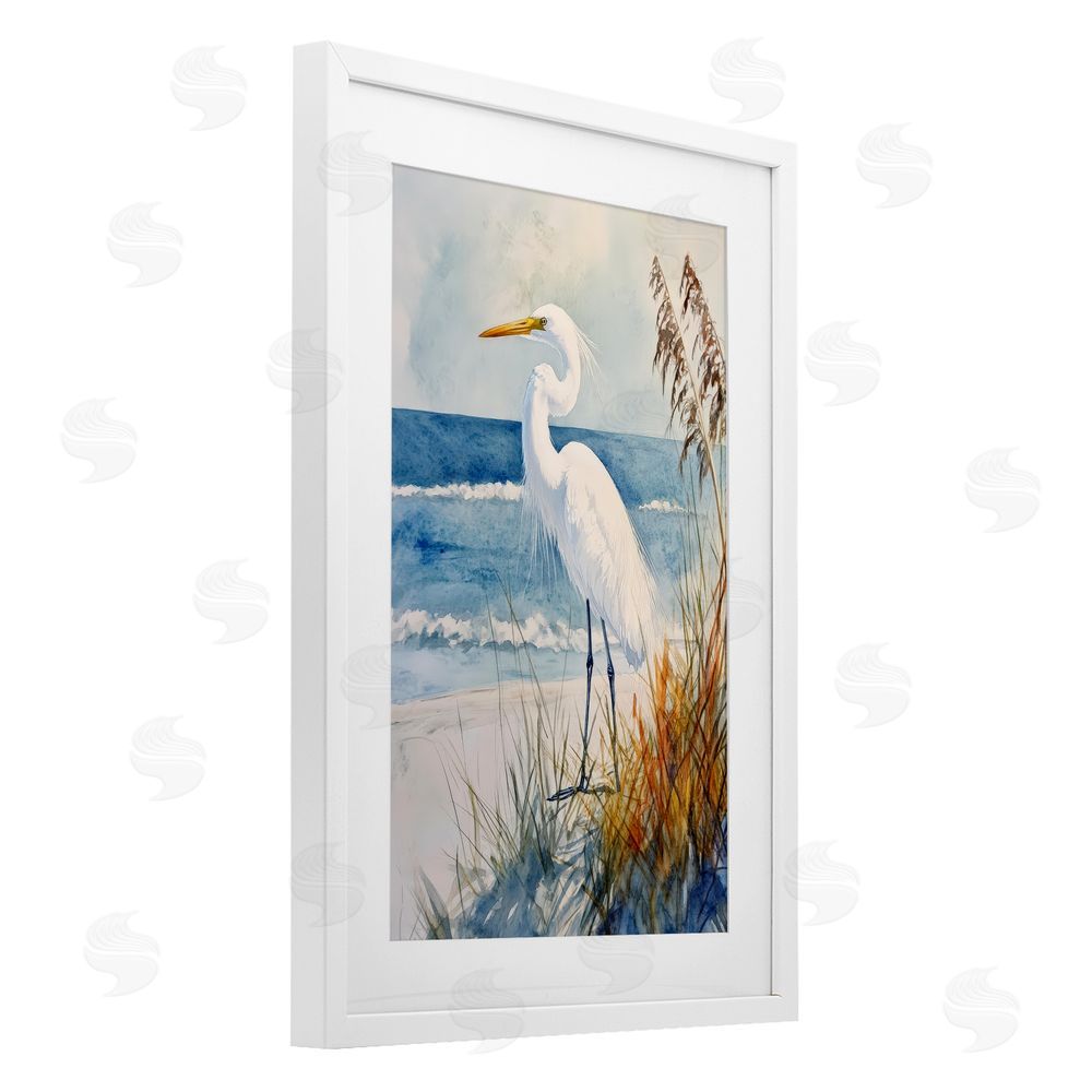 Petal Prints Design Egret By The Waves White Framed Print Under Glass Wall Art