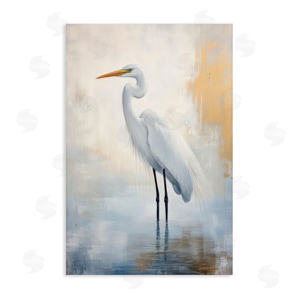 Petal Prints Design Distressed Egret with Misty Reflection Stretched Canvas Wall Art