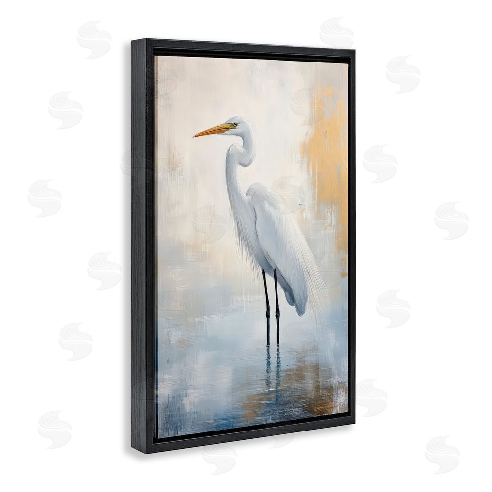 Petal Prints Design Distressed Egret with Misty Reflection Black Floating Frame Canvas Wall Art Print