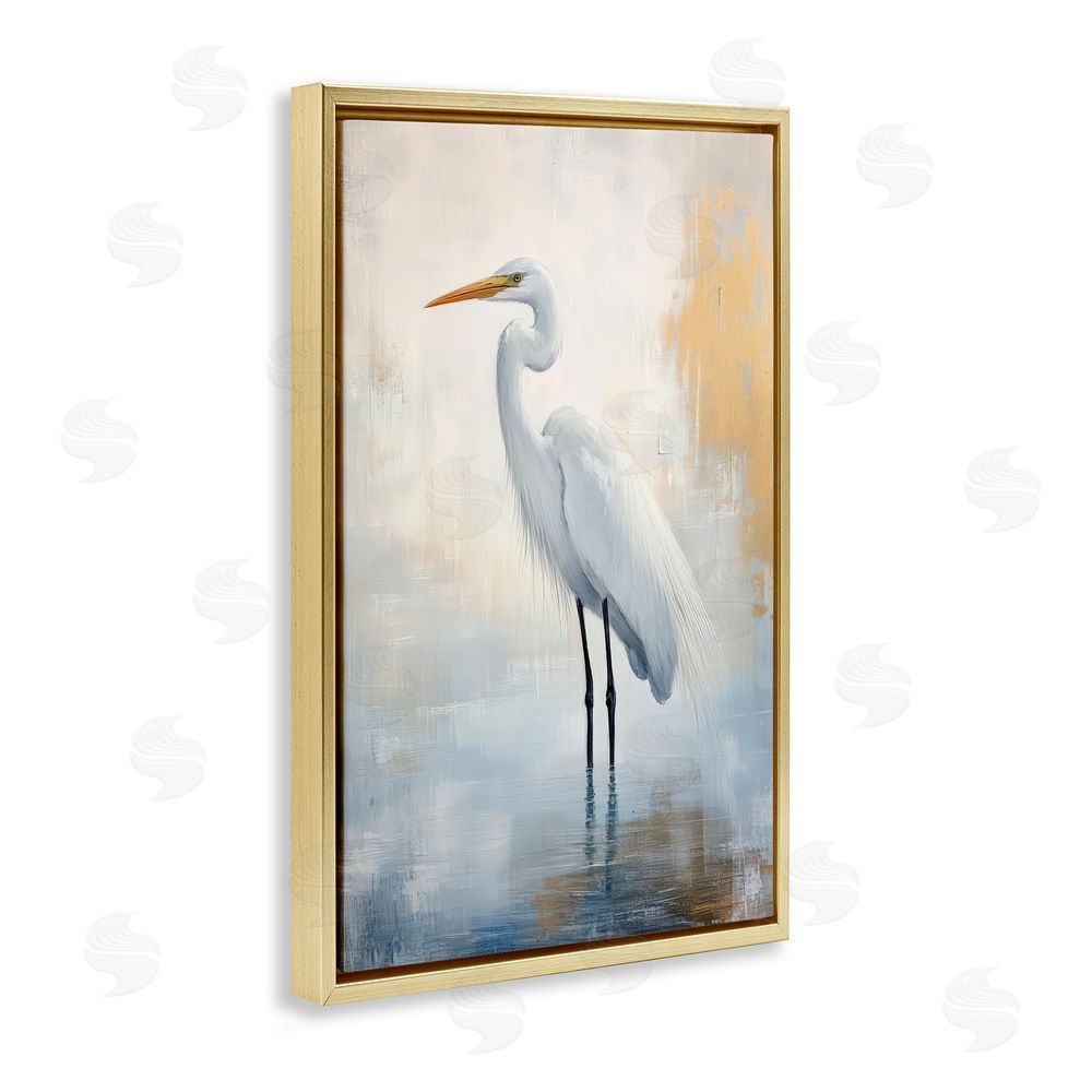Petal Prints Design Distressed Egret with Misty Reflection Gold Floating Frame Canvas Wall Art Print